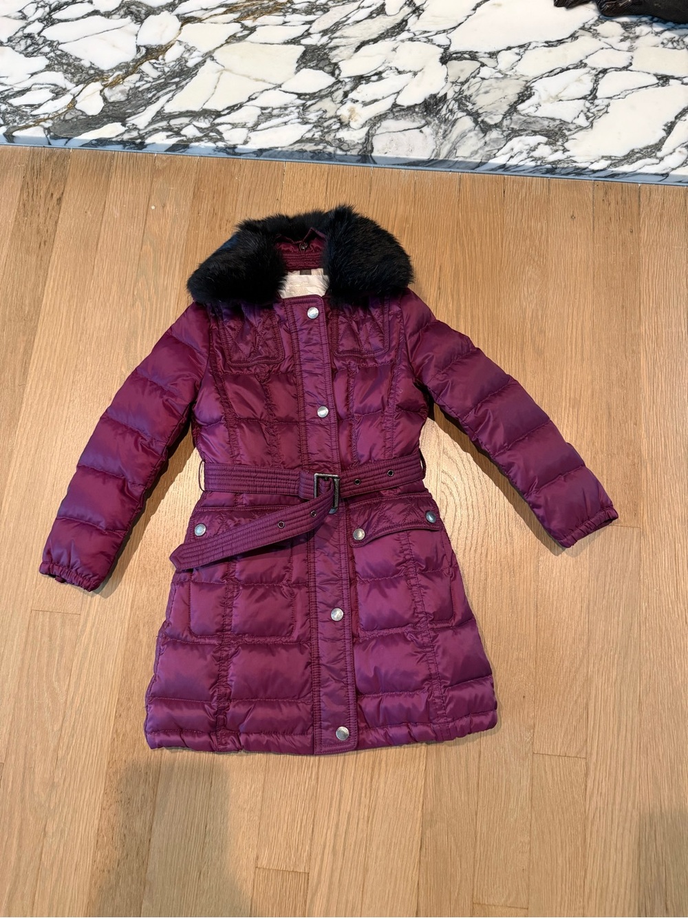 Burberry Children Girls' Quilted Winter Coat with Faux Fur Collar - Plum
